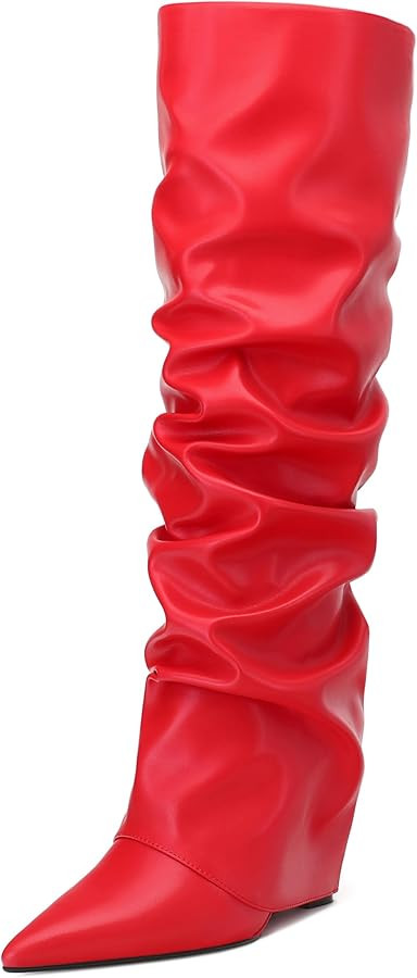 MODENCOCO Women's Fold Over Knee High Boots Wedge Heel Pointed Toe Boots High Heels Ruched Slouch... | Amazon (US)