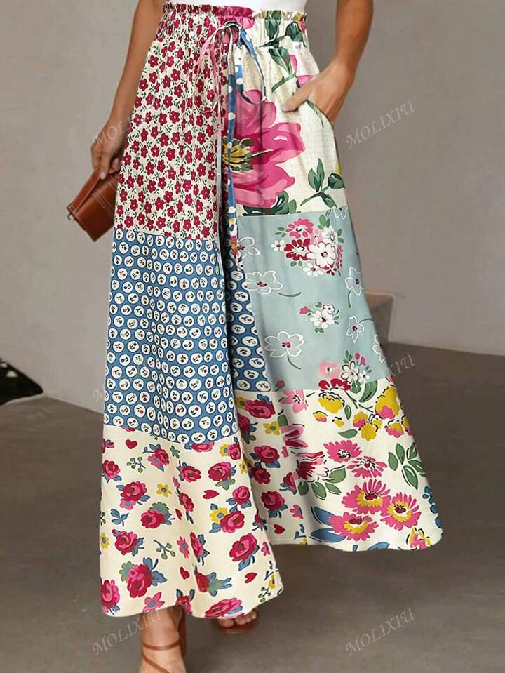 Women's Summer Flower & Leaf Print Drawstring Pocket Twist Front Wide Leg Pants | SHEIN