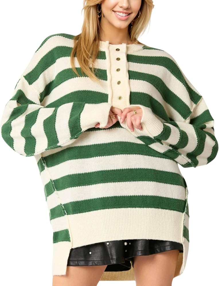 InterNos Women's Long Sleeve Striped Pullover Sweater Button Down Henley Style Knit Sweatshirt Ju... | Amazon (US)