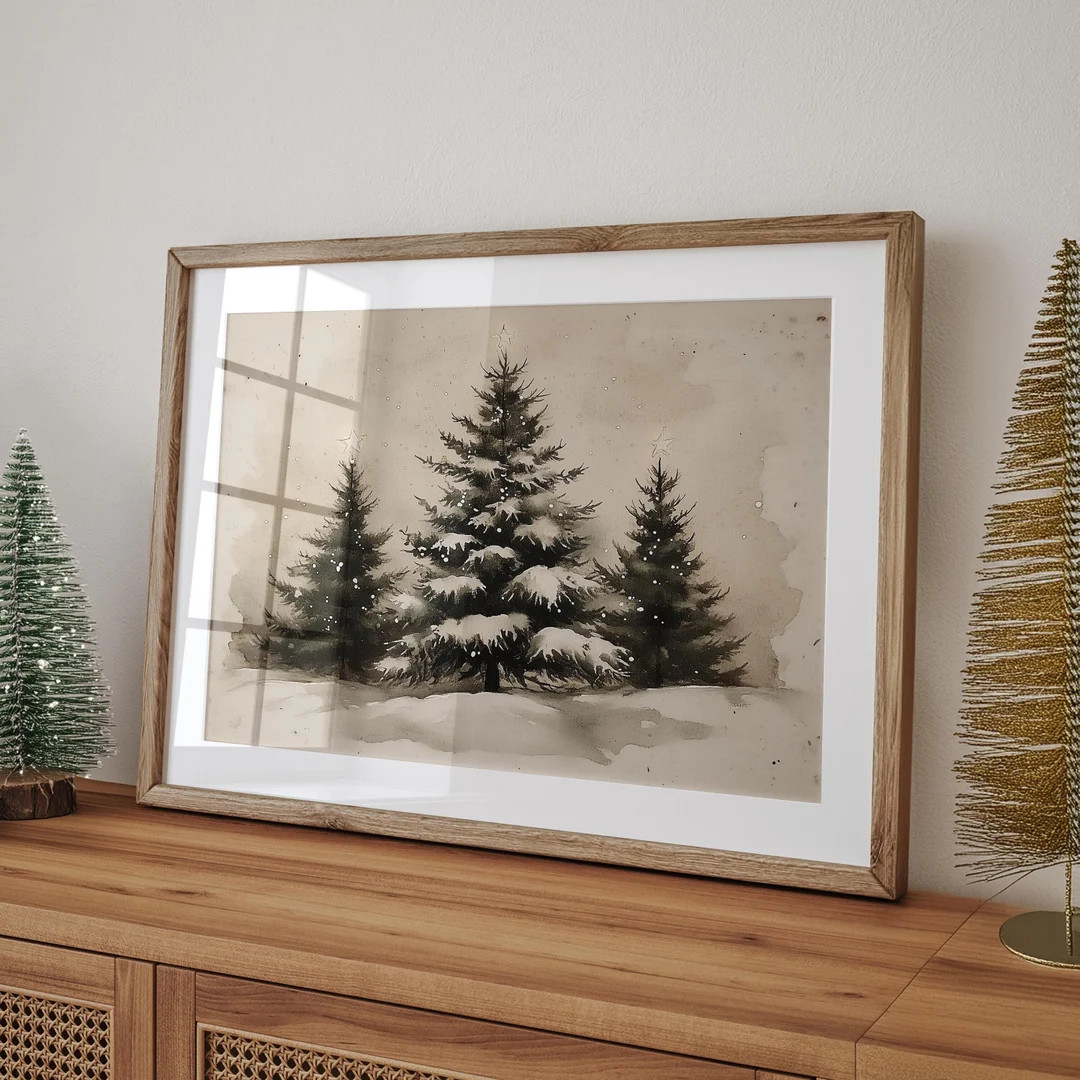 Vintage Christmas Tree Landscape Print Christmas Decor PRINTABLE Wall Art Moody Winter Wall Art A... | Etsy (US)