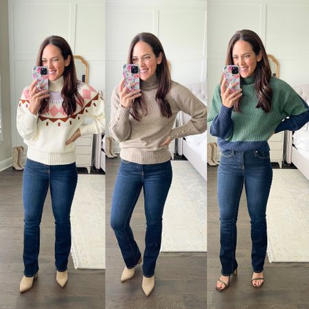 @Walmart for the win on their cozy soft sweaters for winter! I love the details on each one. #walmartpartner #walmartfashion
1. Cute fair isle pattern - on front and back of sweater -  TTS (comes in navy as well)
2. SOFT turtle neck with Pearl button details - holiday perfect TTS (4 colors)
3. Color block cozy soft sweater - navy and green or peek at the pink/navy option - TTS 
(I wear a small in all 3) True to size. 
sweater dress - same print as fair isle sweater  (comes in 2 colors) 
Finish the sweaterd off with dark wash jeans - I sized down in these - 

Sweater outfits 
Fall outfits 
Holiday looks
Holiday Sweaters 

Walmart fashion

#LTKunder50 #LTKstyletip #LTKSeasonal