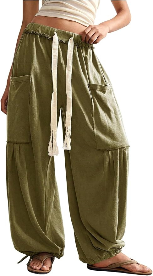 Women's Baggy Harem Pants Drawstring Waist Wide Leg Sweatpants Boho Casual Trousers Joggers with ... | Amazon (US)