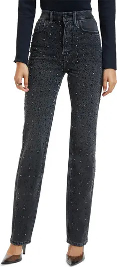 Good American Good Icon Crystal Embellished High Waist Straight Leg Jeans | Nordstrom | Nordstrom