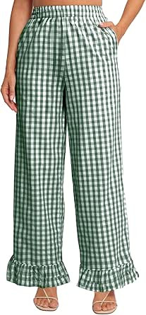 Flygo Women's Gingham Pants Y2K Cotton Wide Leg Ruffle Hem Lounge Pants Plaid Elastic Wasited Tro... | Amazon (US)