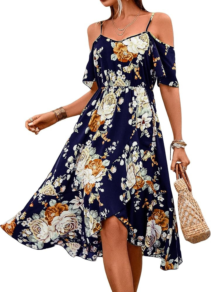 Floerns Women's Floral Print Cold Shoulder Short Sleeve Wrap Hem A Line Midi Dress | Amazon (US)