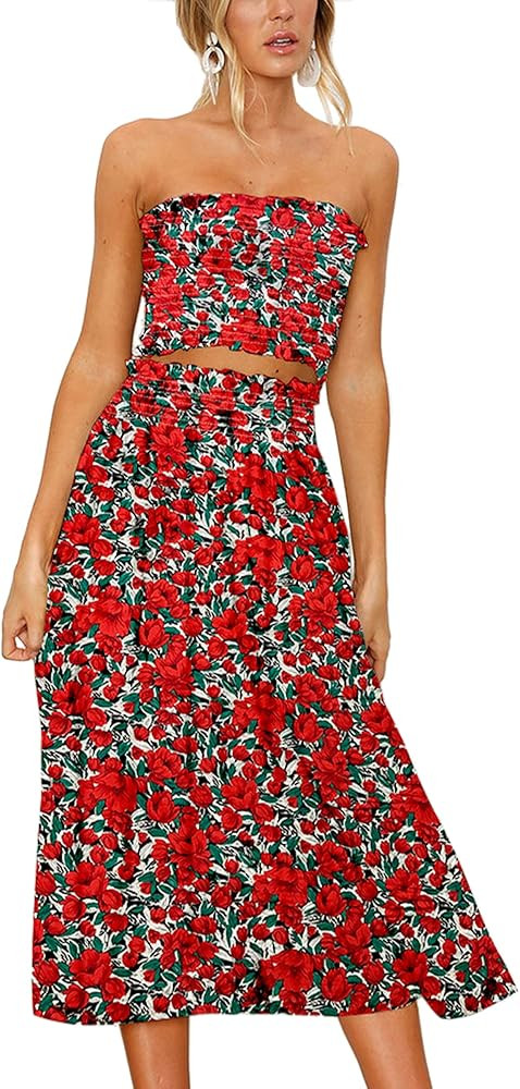 Angashion Women's Floral Crop Top Maxi Skirt Set 2 Piece Outfit Dress | Amazon (US)