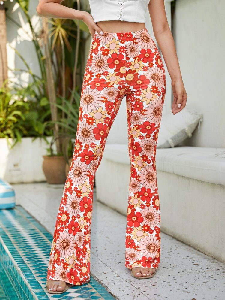 SHEIN Floral Print Flare Leg Pants | SHEIN