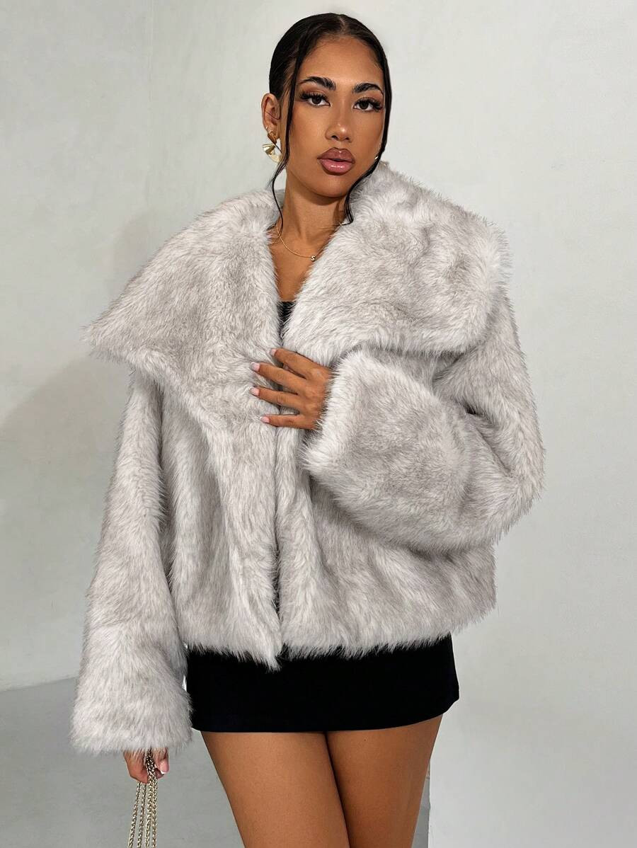 Glamine 1pc Women's Fashion Long Sleeve Dyed Fur Collar Fluffy Coat, Winter | SHEIN