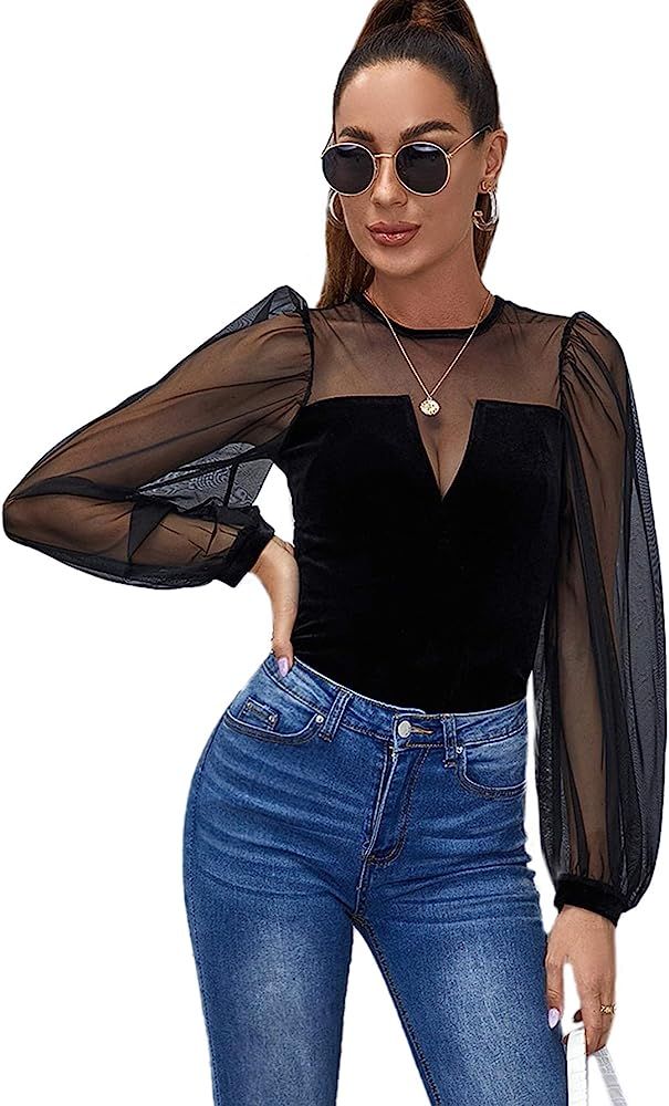 SOLY HUX Women's Sheer Mesh Long Sleeve Slim Fit Top Blouse | Amazon (US)