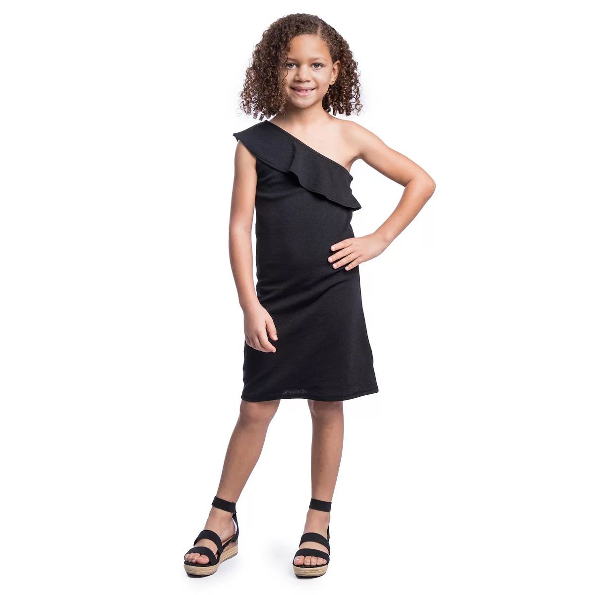 Girls Solid Color One Shoulder Ruffle Knee Length Dress | Kohl's