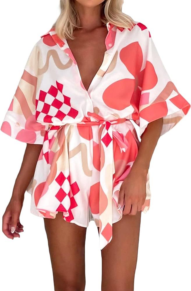 Women Boho Floral Print Romper Half Sleeve Button Shirt Waist Tie Jumpsuit Shorts Beach Playsuit ... | Amazon (US)