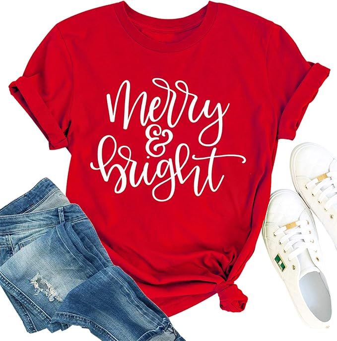 Christmas Shirts Womens Merry and Bright Shirt Xmas Holiday Tshirt Christmas Lights Tee Tops | Amazon (US)