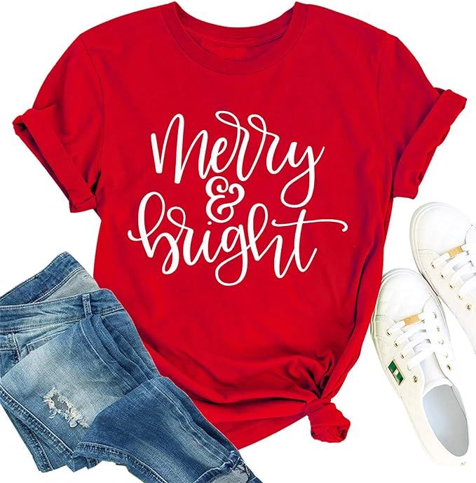 Christmas T Shirt Womens Merry and Bright Letter Printed Short Sleeve Tops Holiday Shirt Christma... | Amazon (US)
