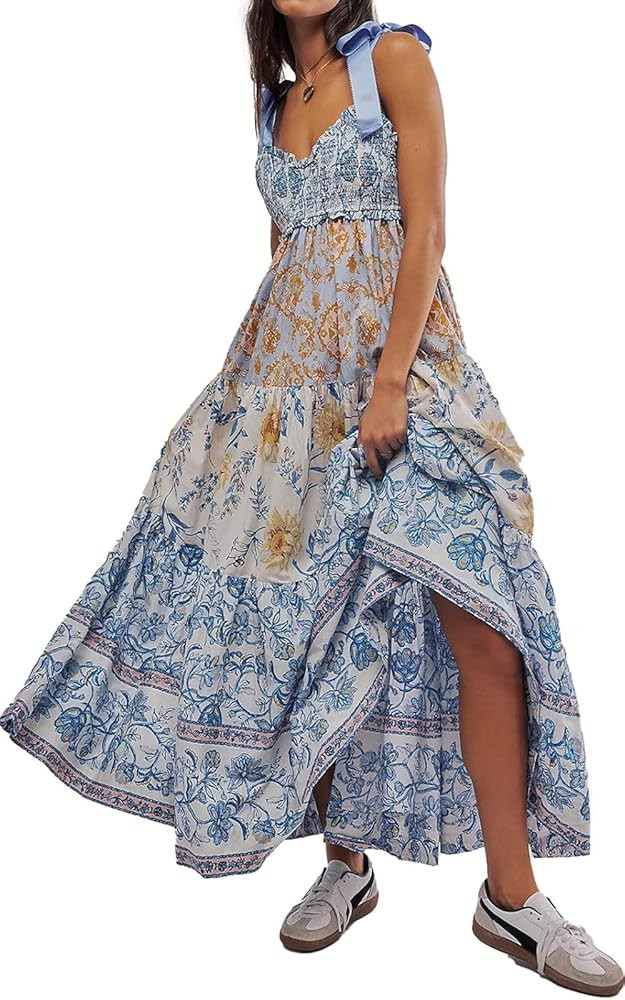 Women Floral Maxi Dress Sleeveless Tie Shoulder Bohemian Flowy Smocked Casual Dresses Summer Sund... | Amazon (CA)