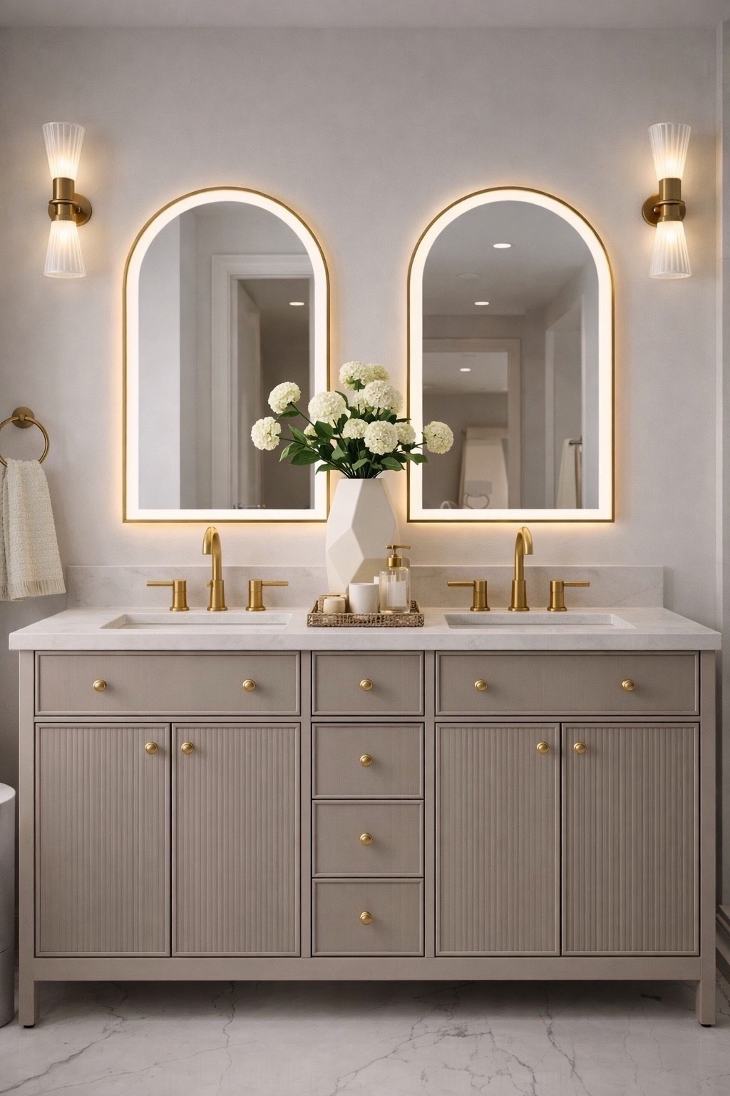 Bathroom refresh coming soon 🤍 I’ve been slowly sourcing the prettiest brushed brass pieces + the dreamiest arched LED mirrors… and I cannot wait to show you the full update. ✨

