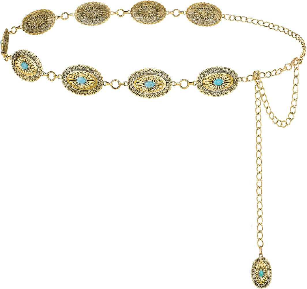 FIORETTO Metal Waist Chain Link Belt for Women Western Cowgirl Boho Turquoise Belts for Dress Jea... | Amazon (US)