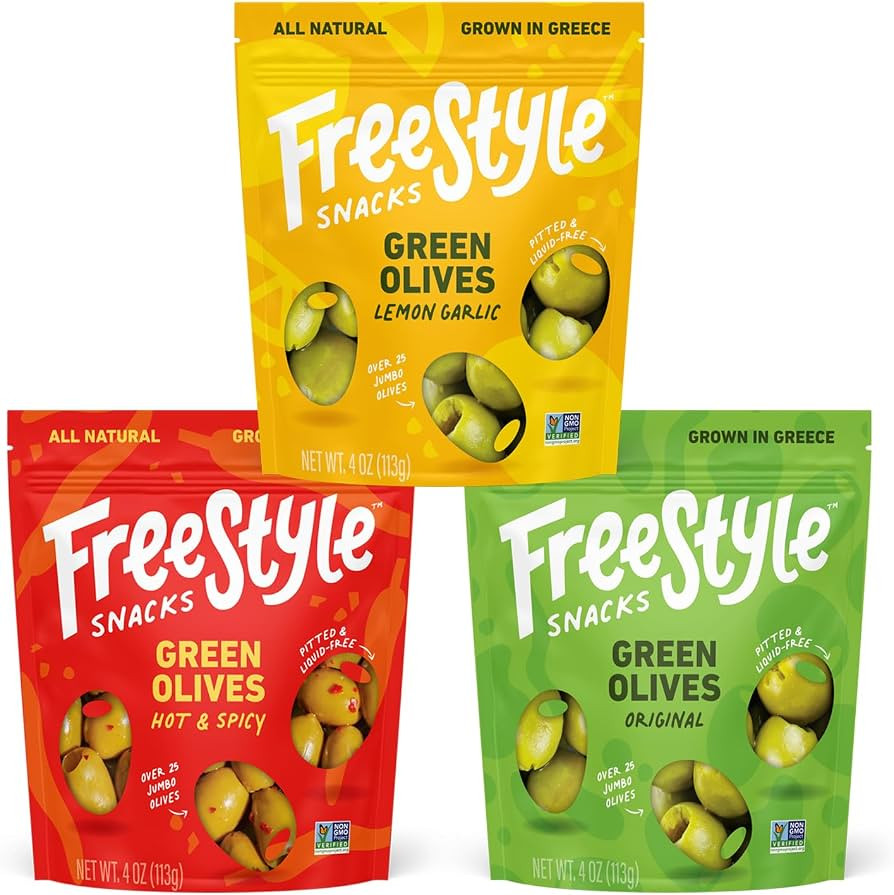Freestyle Snacks Olive Snack Packs - Fresh Pitted Green Olives, 3 Flavors, Jumbo-Sized, Grown in ... | Amazon (US)