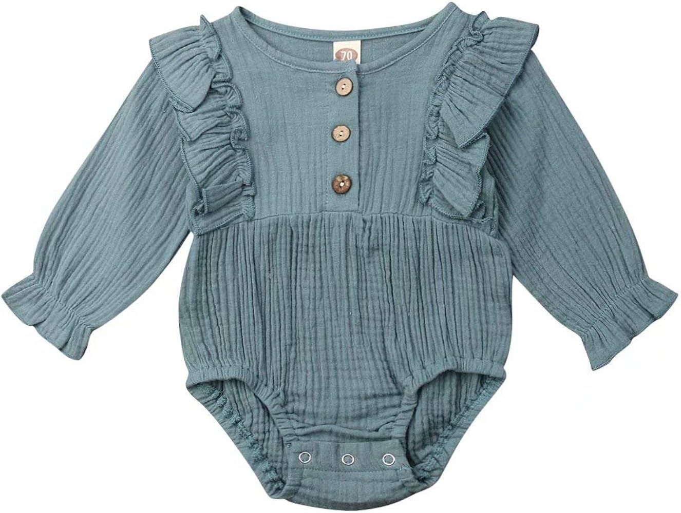 Infant Baby Girls Long Sleeve Romper Cotton Linen Bodysuit Ruffled Jumpsuit Newborn Autumn Outfit... | Amazon (US)