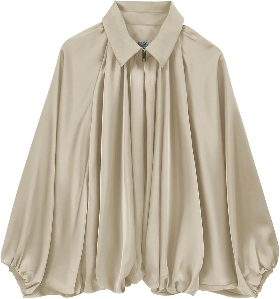 Womens Satin Puffed Bomber Jacket Oversized Batwing Sleeve Lapel Collar Pleated Zip Up Outerwear ... | Amazon (US)