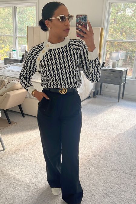 Favorite casual winter wear! Black high waisted wide leg pants with black and white sweater by Derek Lam. Tennis shoes, sunglasses and belt are GUCCI. Exact belt, sweater and sunglasses are not available so I have included similars. 

#LTKGiftGuide #LTKSeasonal #LTKworkwear