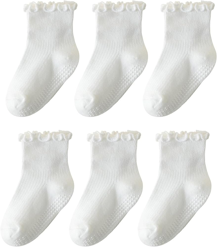 6 Pairs Toddler Ruffle Socks for Girls Baby Grip Socks Non Slip Socks Cute Grippy Frilly Socks | Amazon (US)