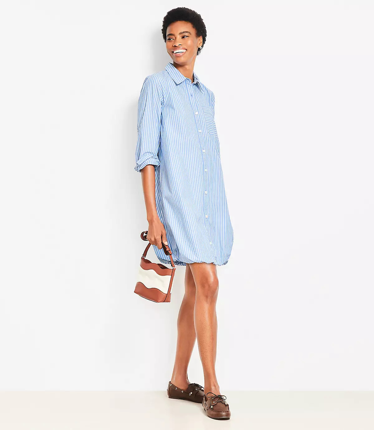 Striped Poplin Bubble Hem Mini Pocket Shirtdress | LOFT
