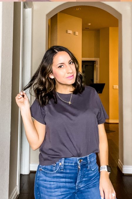 Madewell cropped t-shirt, jeans, and  Kendra Scott initial necklace. 
Madewell style. Madewell finds. Fall style. Kendra Scott necklace  

#LTKstyletip #LTKSeasonal #LTKunder100