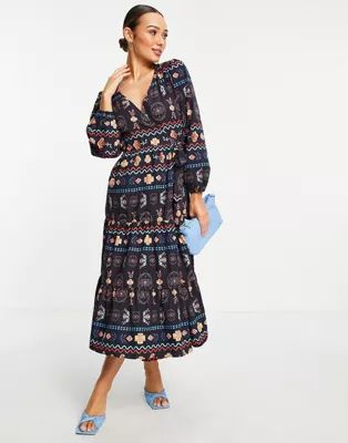 Never Fully Dressed contrast stitch wrap midi dress in black | ASOS (Global)