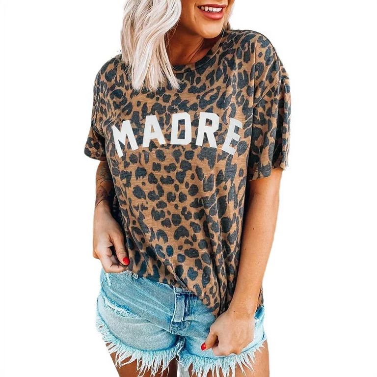 Women's Madre Leopard Print Round Neck Short Sleeve T-shirt | Walmart (US)