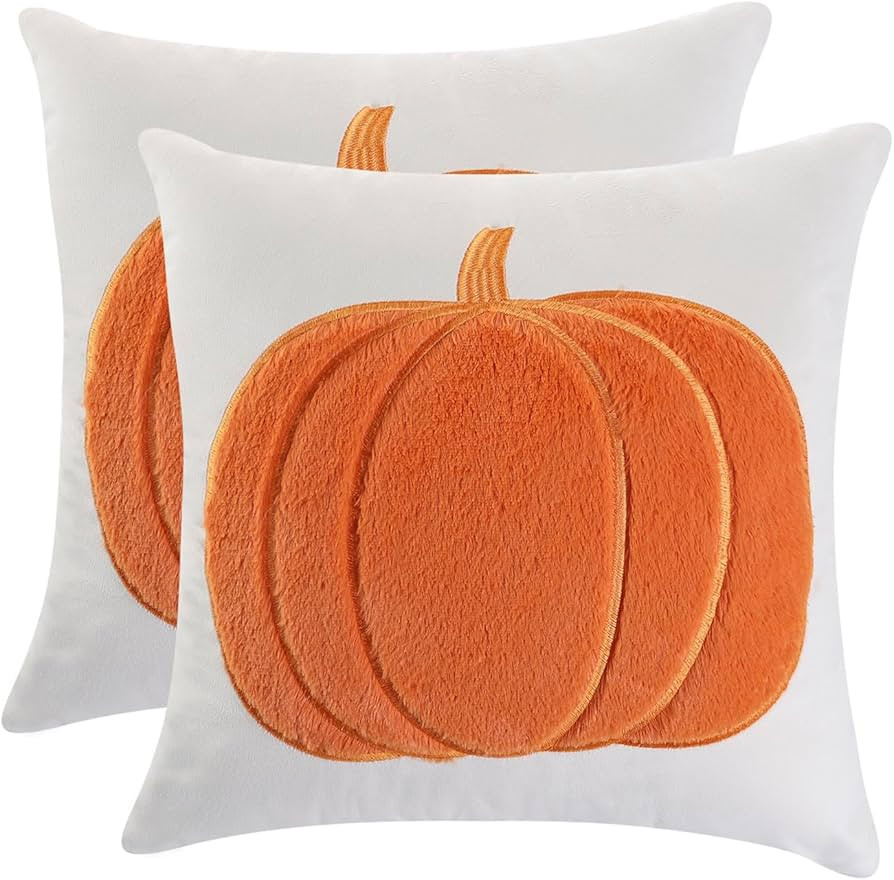 Halloween Throw Pillow Covers 18x18 Set of 2 Orange Pumpkin Embroidered Pillow Cases Holiday Velv... | Amazon (US)