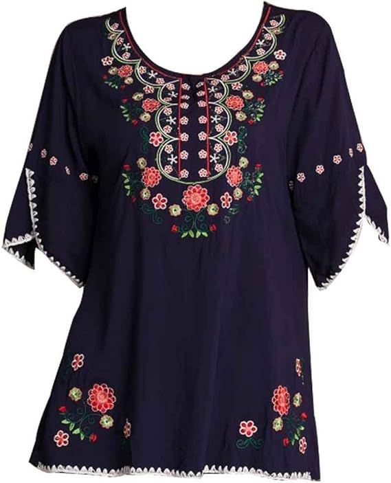 Kafeimali Women's Embroidery Mexican Bohemian Cotton Tops Shirt Tunic Blouses | Amazon (US)