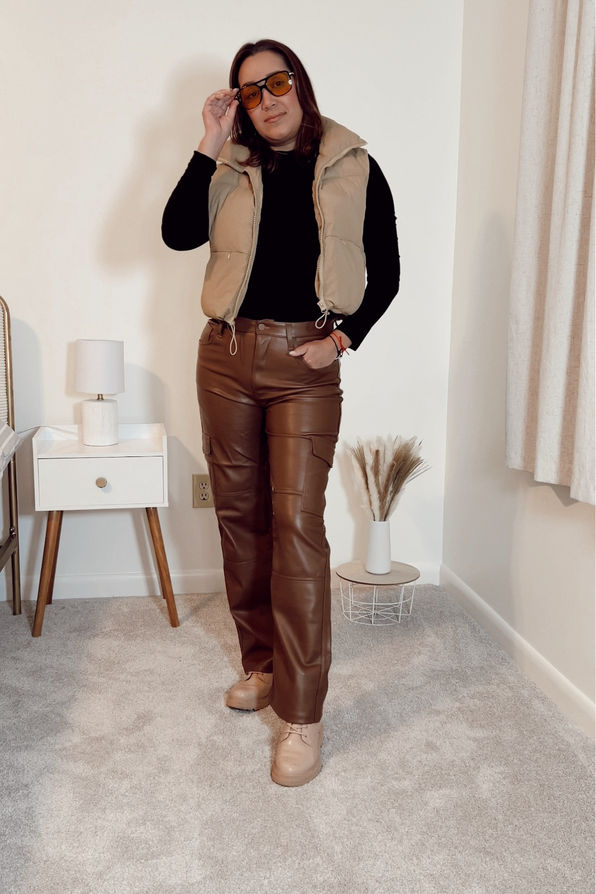 Fall outfit 
Bodysuit size M
Vest size M
Pants size 8
Boots size 7

#LTKSeasonal #LTKOver40 #LTKFindsUnder50