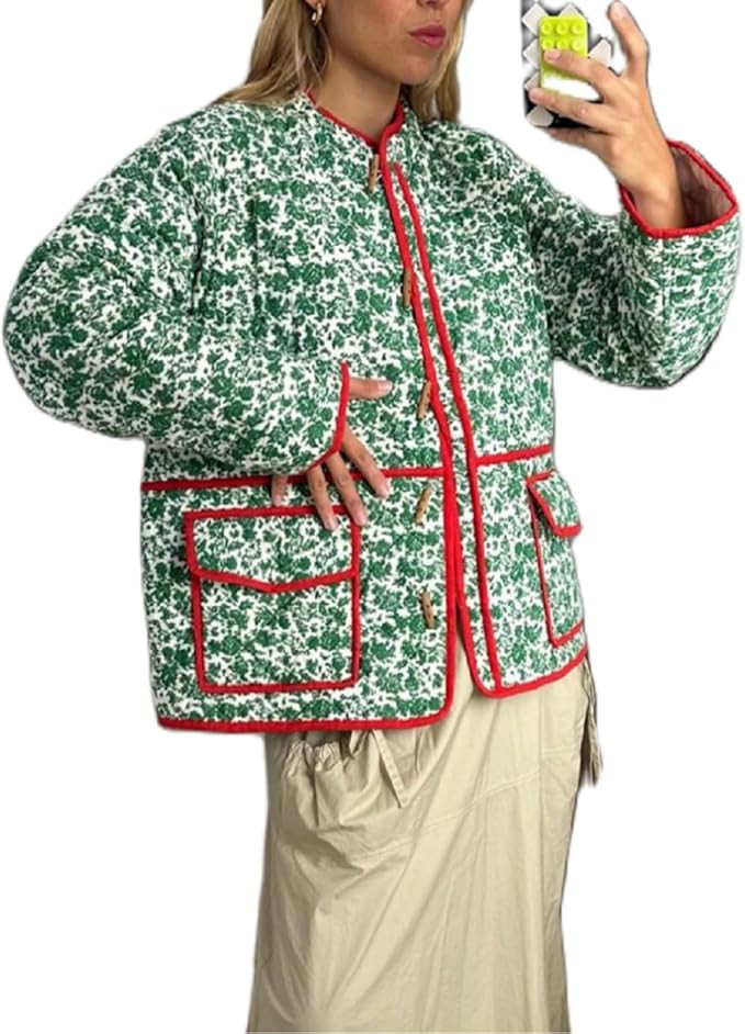 UAURORAO Women Lightweight Quilted Jackets Floral Stand Collar Padded Coat Button Down Boho Puffe... | Amazon (US)