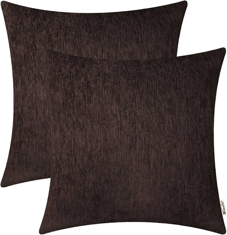 BRAWARM Chenille Throw Pillow Covers 22x22 Inches - Pack of 2 Coffee Chenille Pillow Covers, Soli... | Amazon (US)