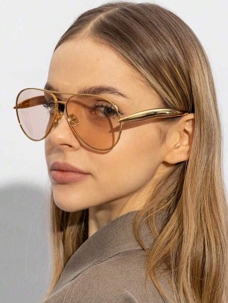 1 Pair Pilot Frame Glasses, Metal Double Bridge Toad Eye Glasses, Oversized Personalized European And American Fashion Women , Summer Holiday Beach Accessory | SHEIN