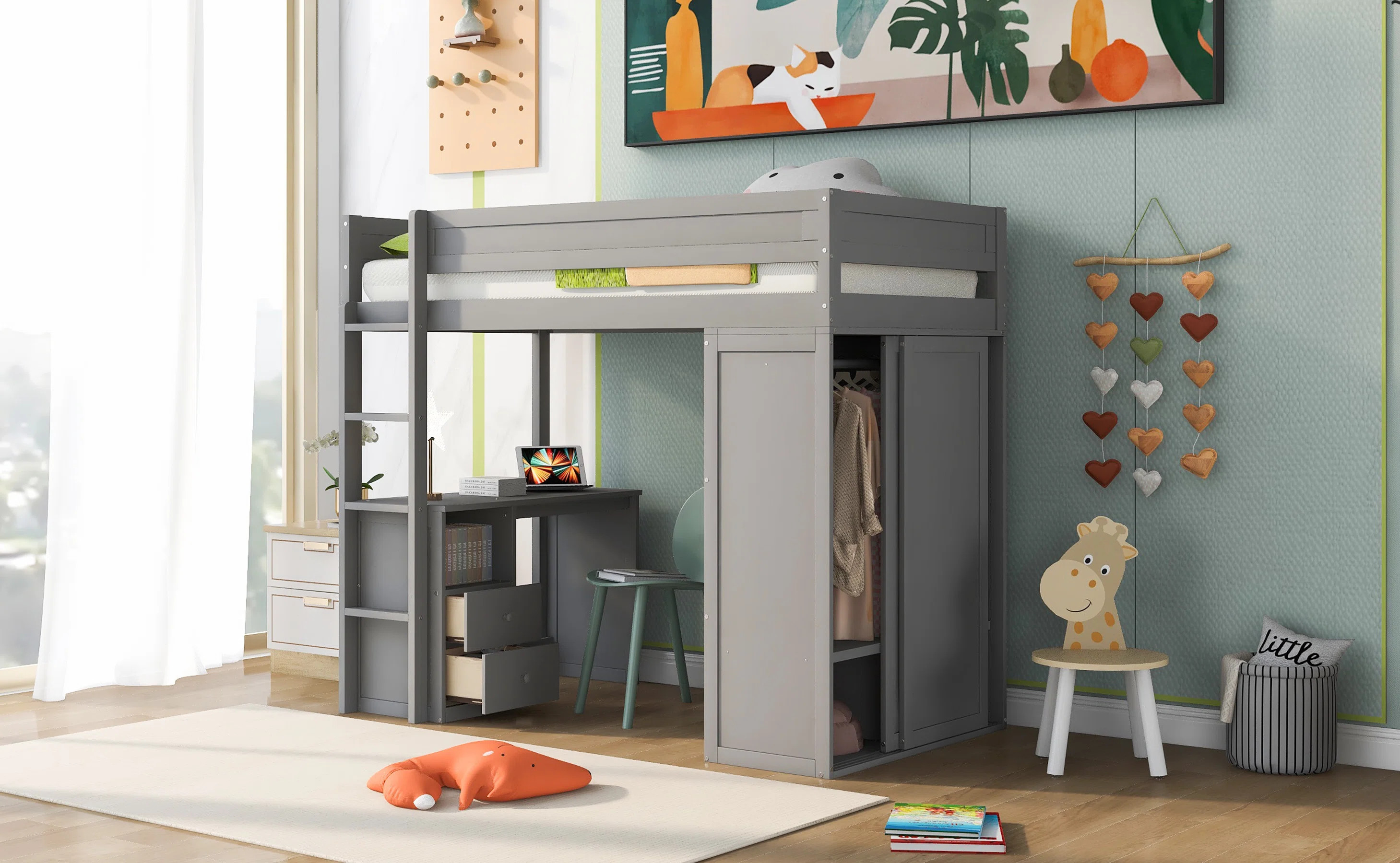 Harriet Bee Gladina Kids Loft Bed with Built-in Desk and Closet & Reviews | Wayfair | Wayfair North America