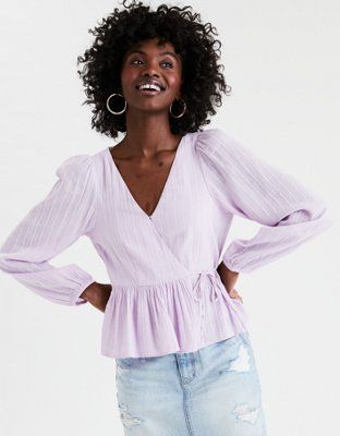 AE Long Sleeve Wrap Peplum Blouse | American Eagle Outfitters (US & CA)