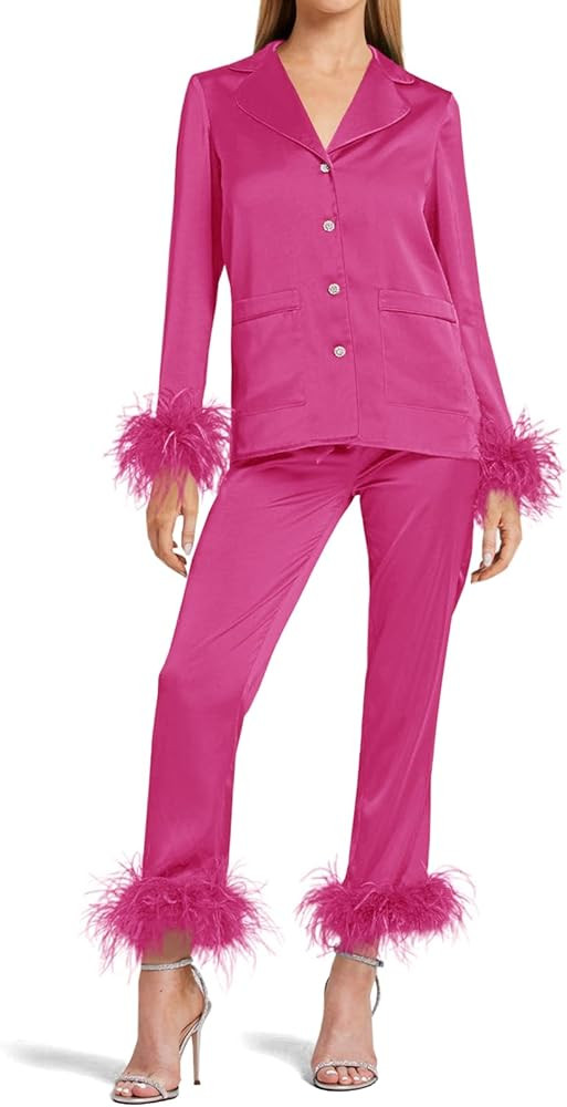 Women's Silk Satin Pajama Set Feather Trim Bridal Long Sleeve Pocketed Lounge Sets Sleepwear (Rem... | Amazon (US)