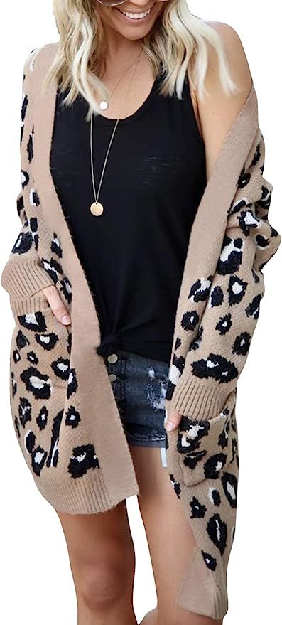 Mahrokh Women's Leopard Print Cardigan Open Front Long Sleeve Knit Sweater Winter Fall Outwear wi... | Amazon (US)