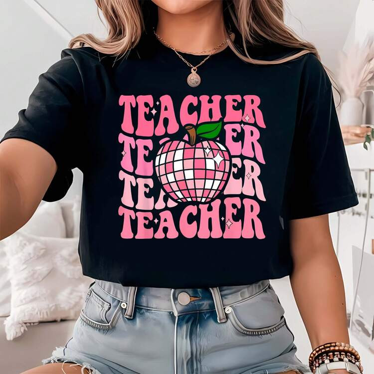 Retro Pink Disco Ball Apple Teacher Colorful Back To School T-Shirt Women Printed Oversized Shirt... | SHEIN