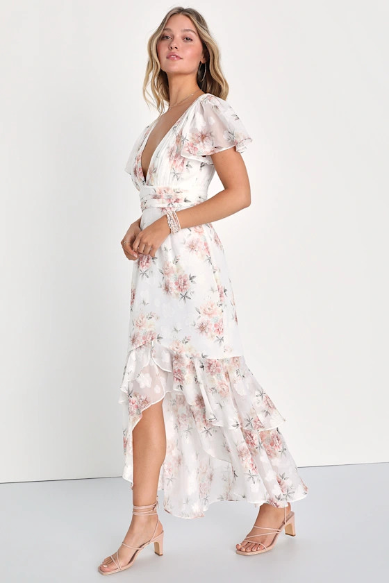 Passionate Ease White Floral Jacquard Tiered High-Low Dress | Lulus