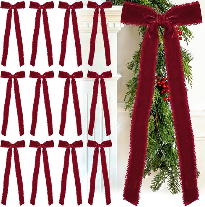 20 Pcs Burgundy Large Velvet Christmas Bows 4.7 x 11 Big Pre Tied Handmade Fringe Velvet Ribbon B... | Amazon (US)