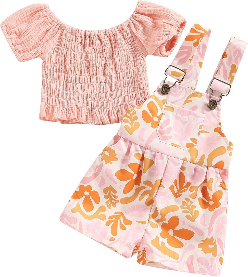 Fernvia Toddler Baby Girl Overalls Ruffle Short Sleeve Tops T-Shirt & Floral Suspender Pocket Sho... | Amazon (US)