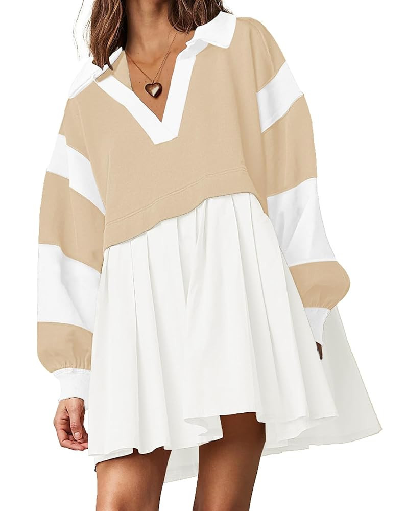 SAUKOLE Women’s Oversized Casual Sweatshirt Patchwork Dress Fall Long Sleeve Trendy Lapel Neck ... | Amazon (US)