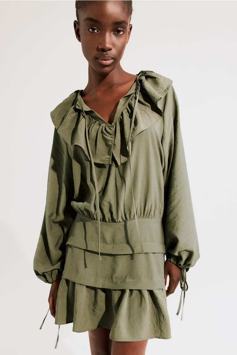 Ruffle-collar Dress - Khaki green - Ladies | H&M US | H&M (US + CA)