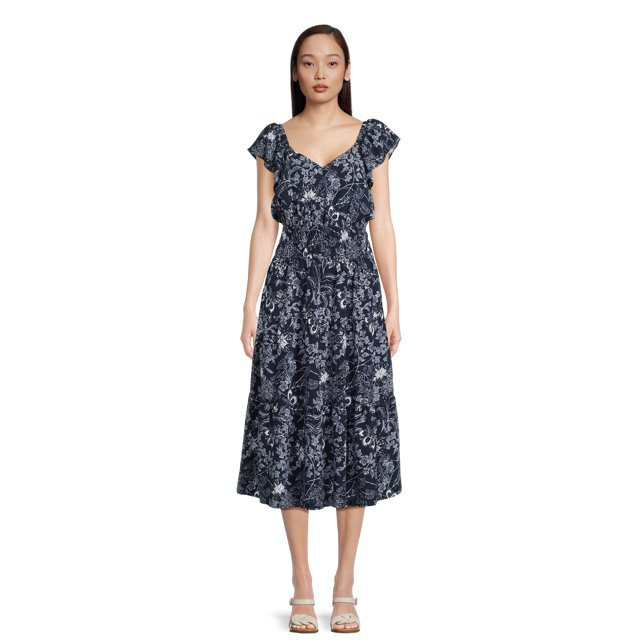 Time and Tru Women's Smocked Midi Dress with Flutter Sleeves, Sizes XS-XXXL | Walmart (US)