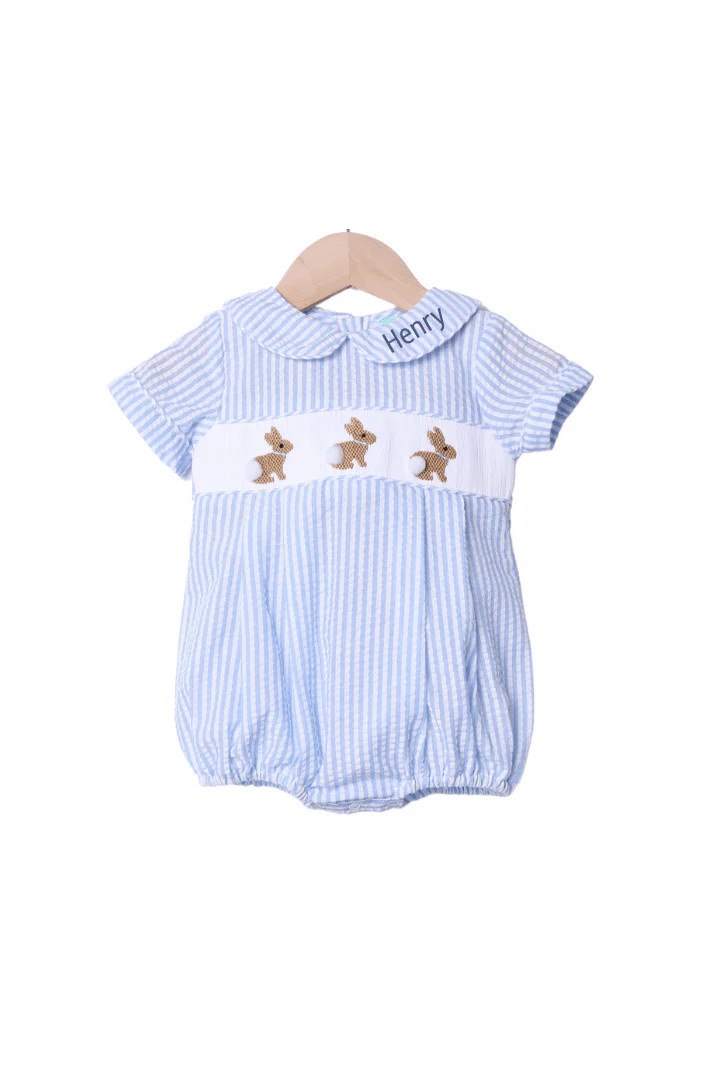 Smocked Bunny Blue Seersucker Bubble | The Smocked Flamingo