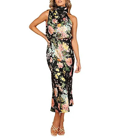Petal Pup Anabelle Satin Floral Print Halter Neck Sleeveless Midi Dress - S | Dillard's
