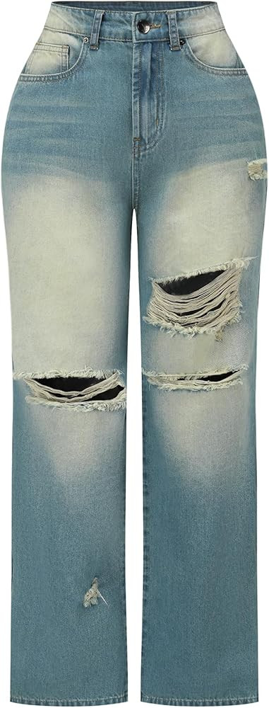 THUNDER STAR Womens High Waisted Wide Leg Jeans Stretchy Distressed Denim Pants | Amazon (US)