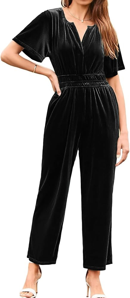 Simplee Womens Short Sleeve Wide Leg Velvet Jumpsuit Dressy V Neck Elastic Waist Formal Jumpsuits... | Amazon (US)